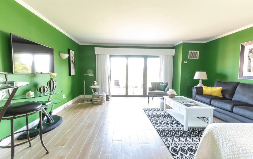 deluxe oceanview room in green and black